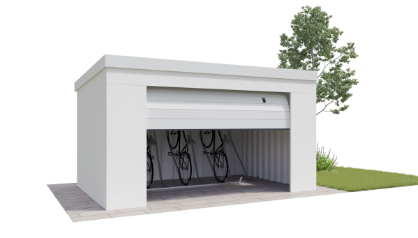 Verputzte Fahrradgarage auf Basis von massiven Stahlw&auml;nden